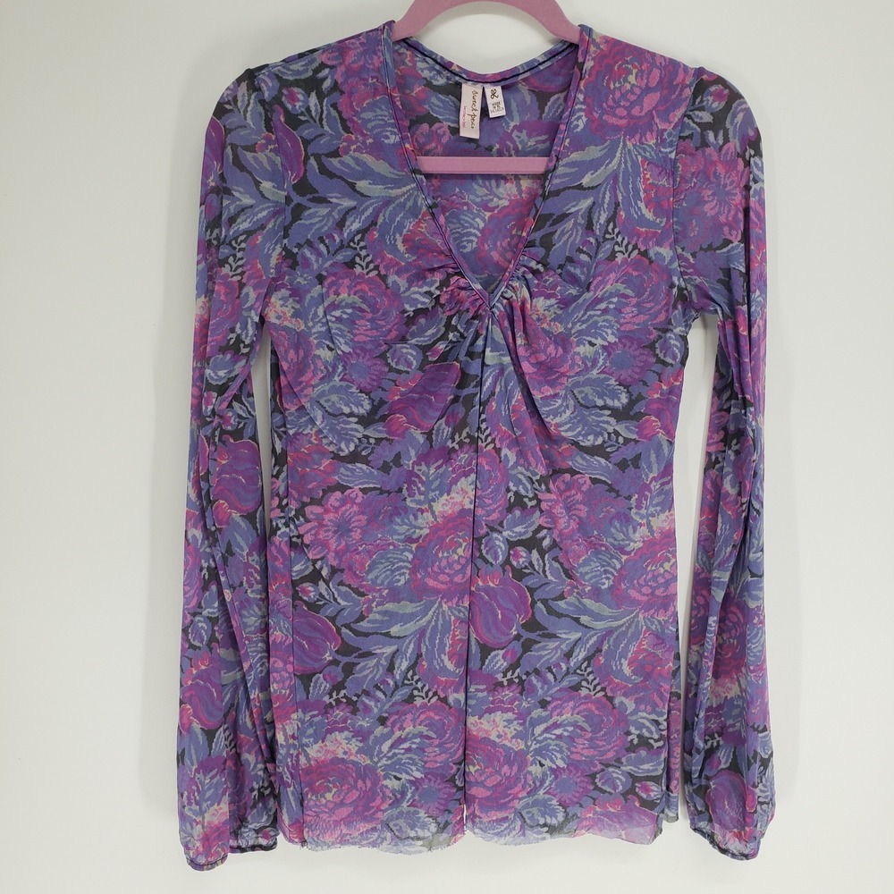Y2K Sweet Pea Floral Mesh Top Women Size Large Purple Long Sleeve Ruched Vintage